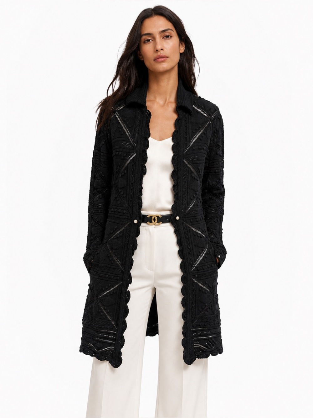 CHANEL Black Textured Knit Long Cardigan Sweater Size 38 Open Front Scalloped